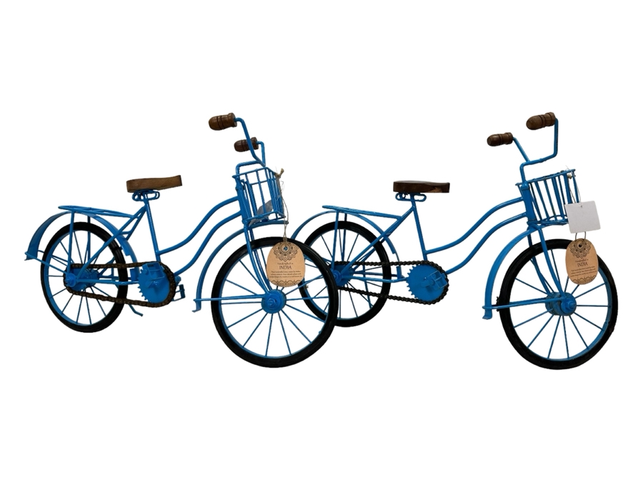 Pair Of Handcrafted Decorative Wood & Metal Bicycle Sculptures, New 20'W X 11'H