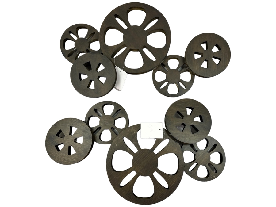 Pair Of Decorative Metal Film Reels Wall Decor, New 22.5'W X 13'H