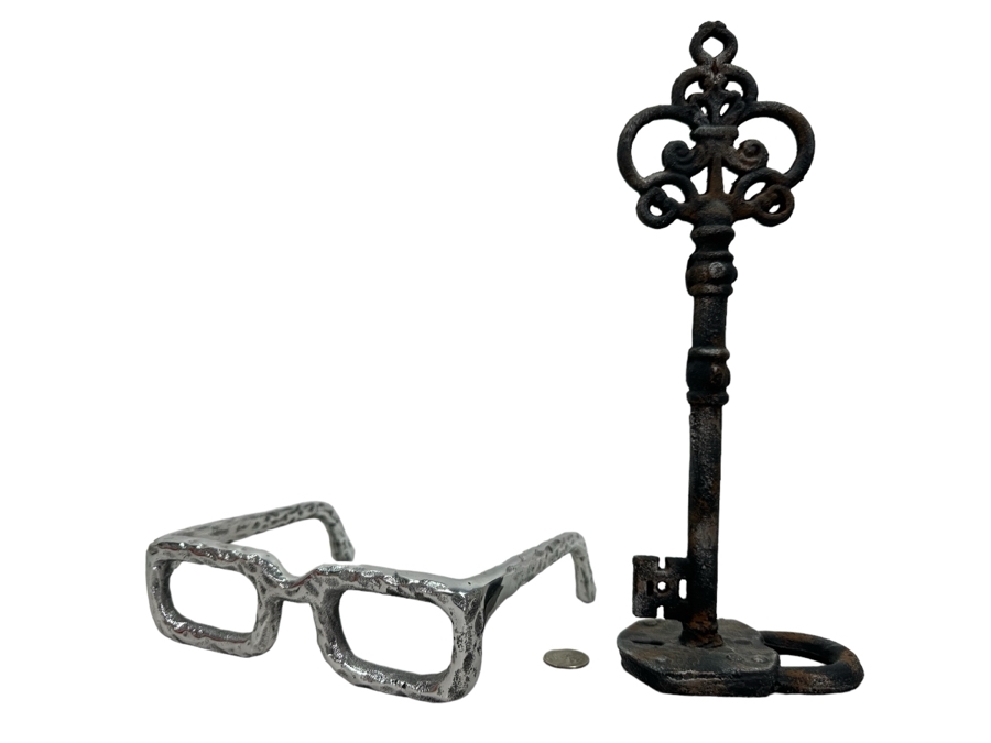 Metal Eyeglasses Sculpture 8'W & Rustic Skeleton Key With Lock Decorative Sculpture 13'H