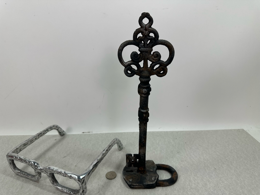 Metal Eyeglasses Sculpture 8'W & Rustic Skeleton Key With Lock Decorative Sculpture 13'H [Photo 3]