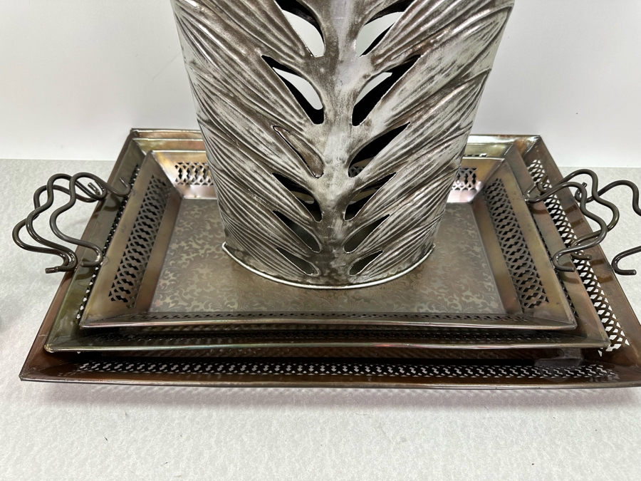 Three Metal Nesting Trays, New 26'W X 14'D And Large Metal Vase 28'H