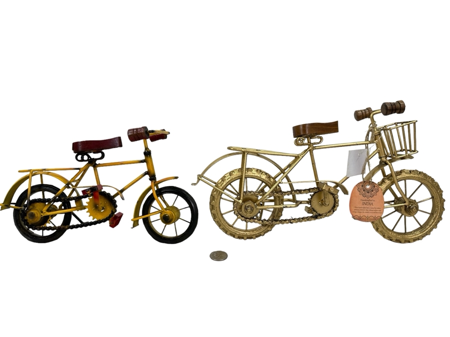 Pair Of Handcrafted Decorative Wood & Metal Bicycle Sculptures, New 14.5'W & 11'W