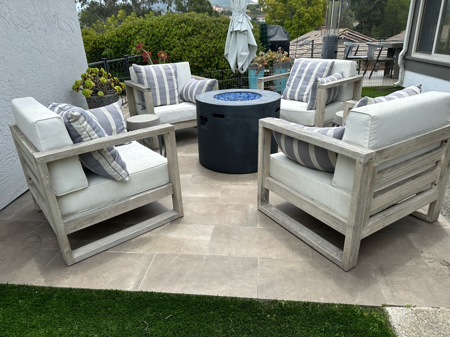 Set Of Four West Elm Outdoor Lounge Armchairs With Throw Pillows 34W X 30D X 33H Retails $3,600 [Photo 3]
