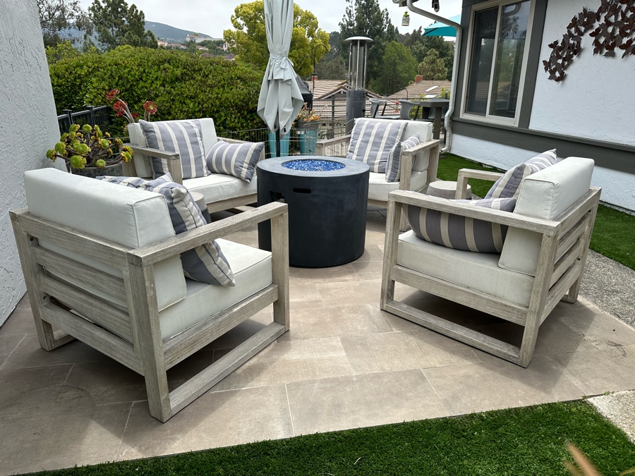 Set Of Four West Elm Outdoor Lounge Armchairs With Throw Pillows 34W X 30D X 33H Retails $3,600 [Photo 5]