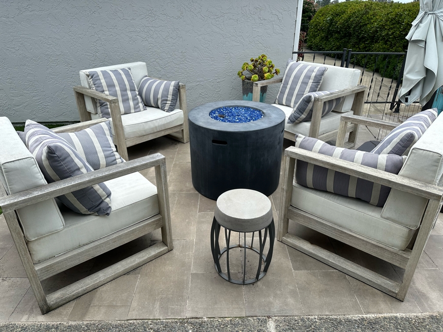 Set Of Four West Elm Outdoor Lounge Armchairs With Throw Pillows 34W X 30D X 33H Retails $3,600 [Photo 2]