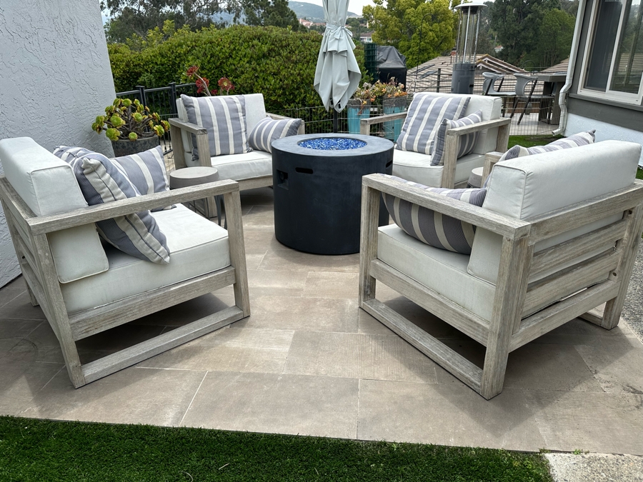 Set Of Four West Elm Outdoor Lounge Armchairs With Throw Pillows 34W X 30D X 33H Retails $3,600