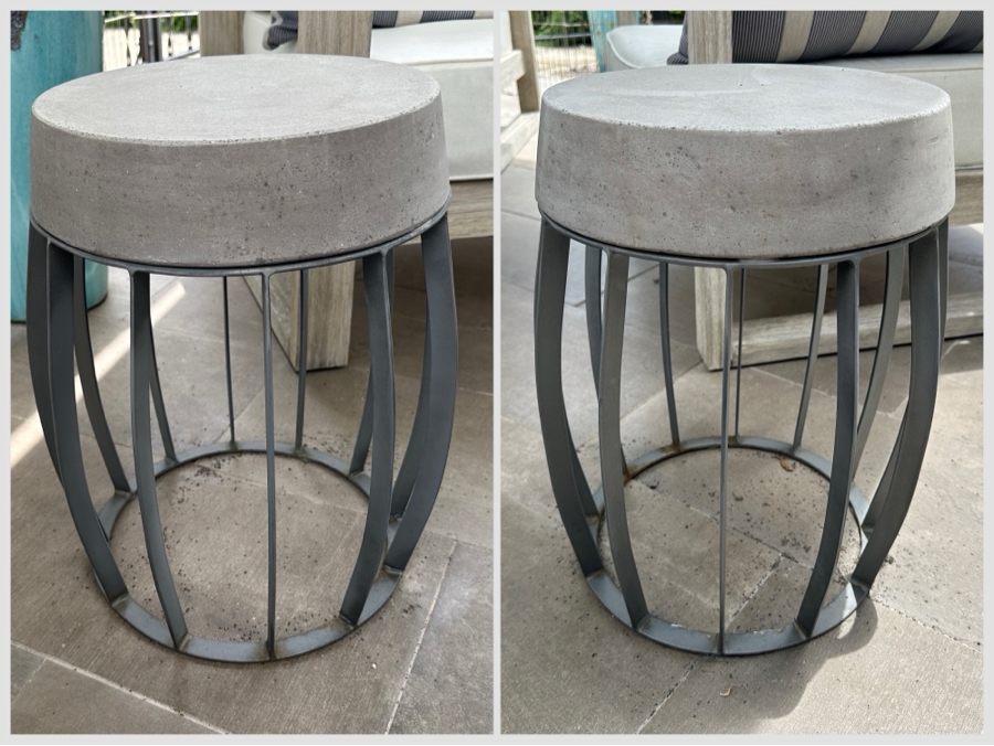 Pair Of Modernist Outdoor Metal & Concrete Side Tables 13W X 18H