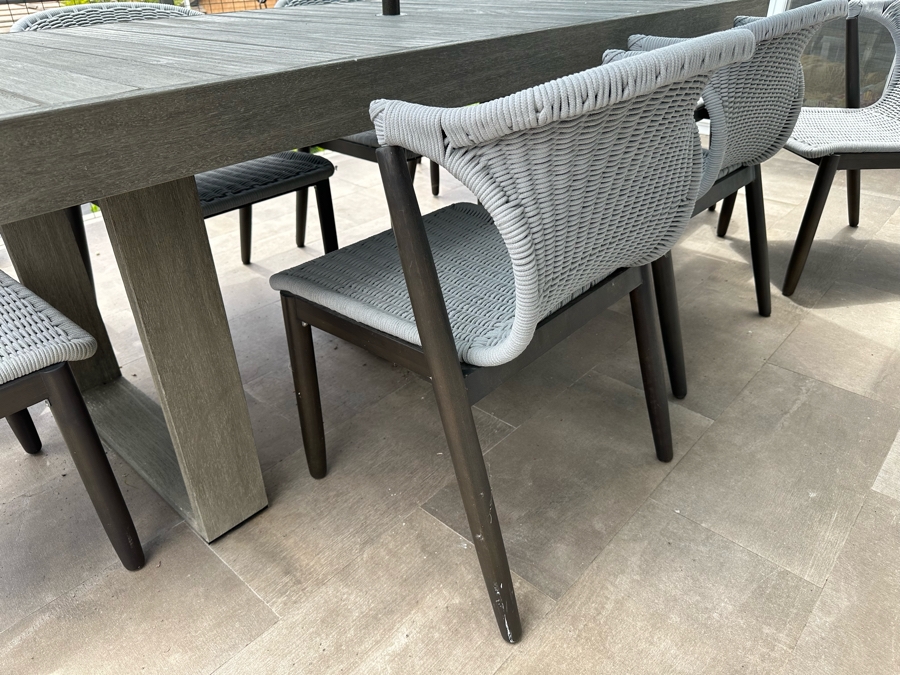 West Elm Outdoor Dining Table 77W X 36D X 30H With Umbrella And Nine AllModern Modernist Woven Rope Chairs (Nine Chairs Retails For $3,200) [Photo 8]