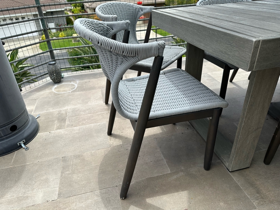 West Elm Outdoor Dining Table 77W X 36D X 30H With Umbrella And Nine AllModern Modernist Woven Rope Chairs (Nine Chairs Retails For $3,200) [Photo 9]