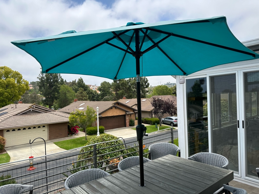 West Elm Outdoor Dining Table 77W X 36D X 30H With Umbrella And Nine AllModern Modernist Woven Rope Chairs (Nine Chairs Retails For $3,200) [Photo 7]