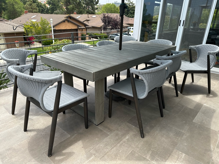 West Elm Outdoor Dining Table 77W X 36D X 30H With Umbrella And Nine AllModern Modernist Woven Rope Chairs (Nine Chairs Retails For $3,200) [Photo 5]