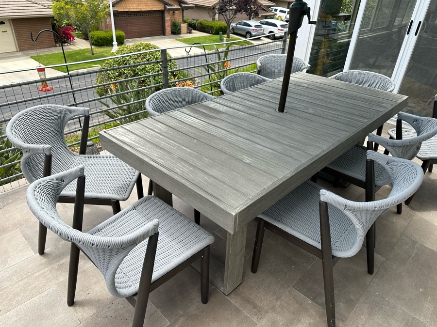 West Elm Outdoor Dining Table 77W X 36D X 30H With Umbrella And Nine AllModern Modernist Woven Rope Chairs (Nine Chairs Retails For $3,200) [Photo 6]