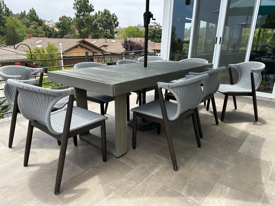 West Elm Outdoor Dining Table 77W X 36D X 30H With Umbrella And Nine AllModern Modernist Woven Rope Chairs (Nine Chairs Retails For $3,200) [Photo 4]