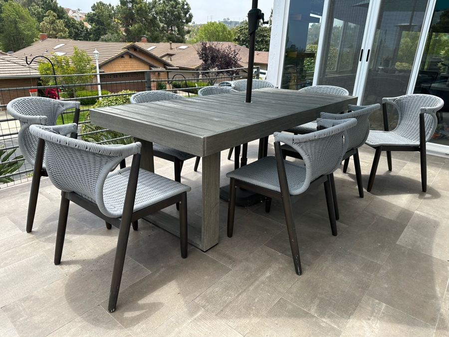 West Elm Outdoor Dining Table 77W X 36D X 30H With Umbrella And Nine AllModern Modernist Woven Rope Chairs (Nine Chairs Retails For $3,200)
