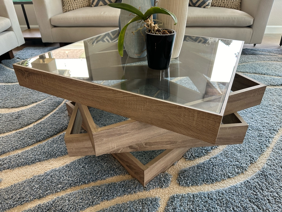 Geometric Stacking Coffee Table With Glass Top 45W X 15.5H [Photo 2]