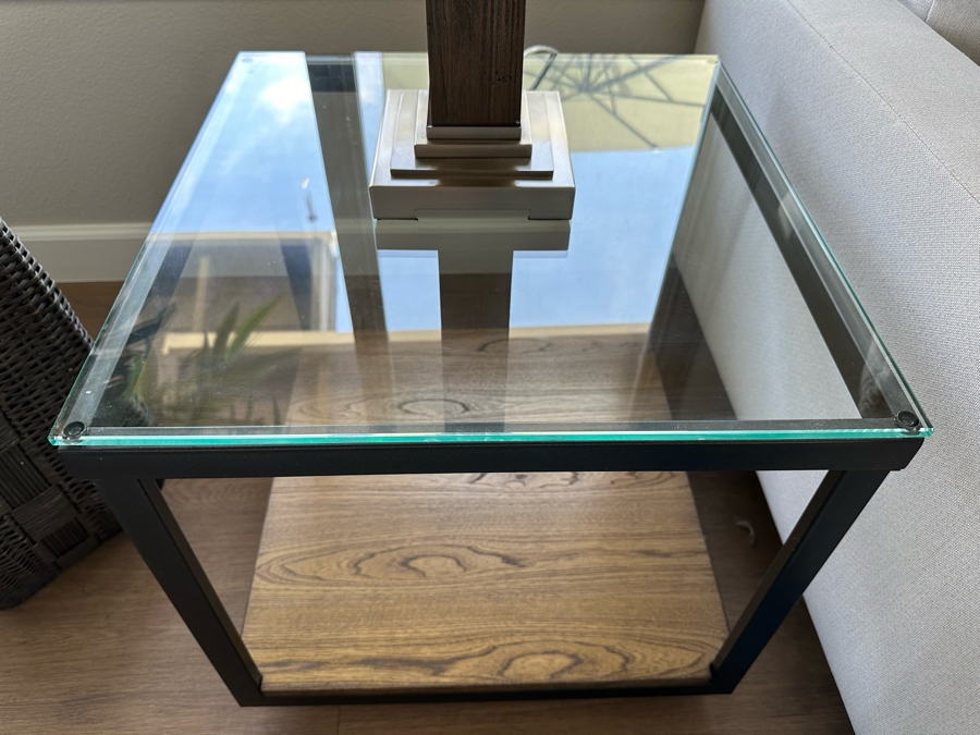 Pair Of Square Metal & Wood Side Tables With Glass Tops (See Photos For Pics Of Other Table) 20'W X 20'D X 20'H [Photo 8]
