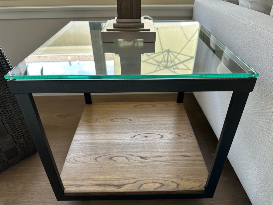 Pair Of Square Metal & Wood Side Tables With Glass Tops (See Photos For Pics Of Other Table) 20'W X 20'D X 20'H [Photo 6]
