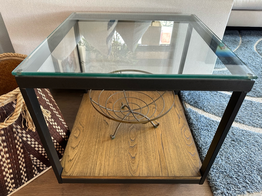 Pair Of Square Metal & Wood Side Tables With Glass Tops (See Photos For Pics Of Other Table) 20'W X 20'D X 20'H [Photo 1]