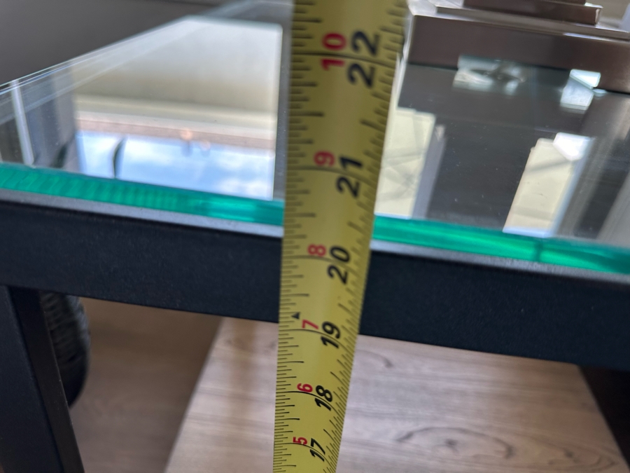 Pair Of Square Metal & Wood Side Tables With Glass Tops (See Photos For Pics Of Other Table) 20'W X 20'D X 20'H [Photo 11]