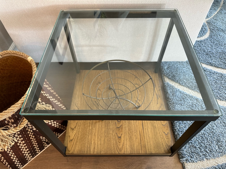 Pair Of Square Metal & Wood Side Tables With Glass Tops (See Photos For Pics Of Other Table) 20'W X 20'D X 20'H [Photo 4]