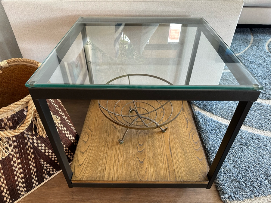 Pair Of Square Metal & Wood Side Tables With Glass Tops (See Photos For Pics Of Other Table) 20'W X 20'D X 20'H [Photo 3]