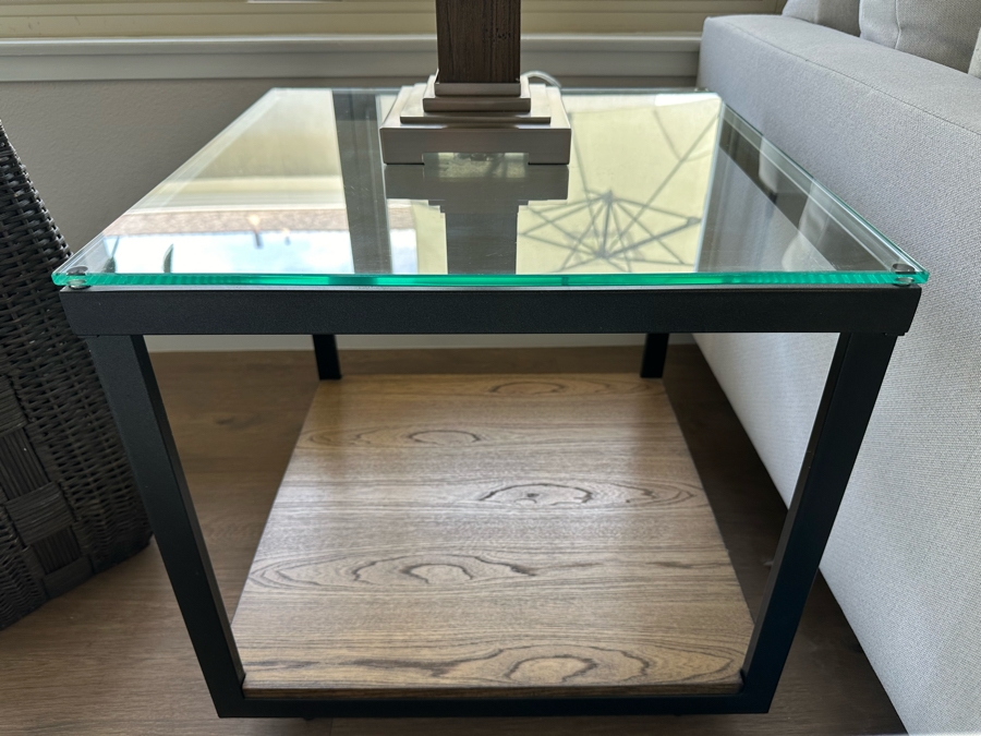 Pair Of Square Metal & Wood Side Tables With Glass Tops (See Photos For Pics Of Other Table) 20'W X 20'D X 20'H [Photo 2]