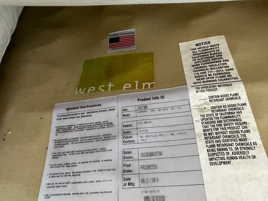 West Elm Upholstered Sofa 92'W X 41.5'D X 29'H [Photo 6]