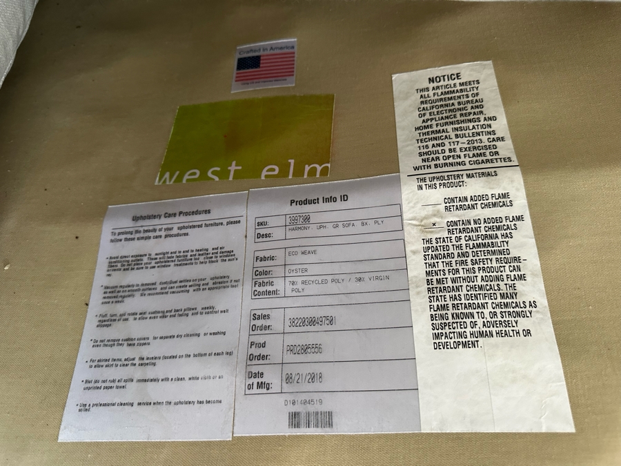 West Elm Upholstered Sofa 92'W X 41.5'D X 29'H [Photo 7]