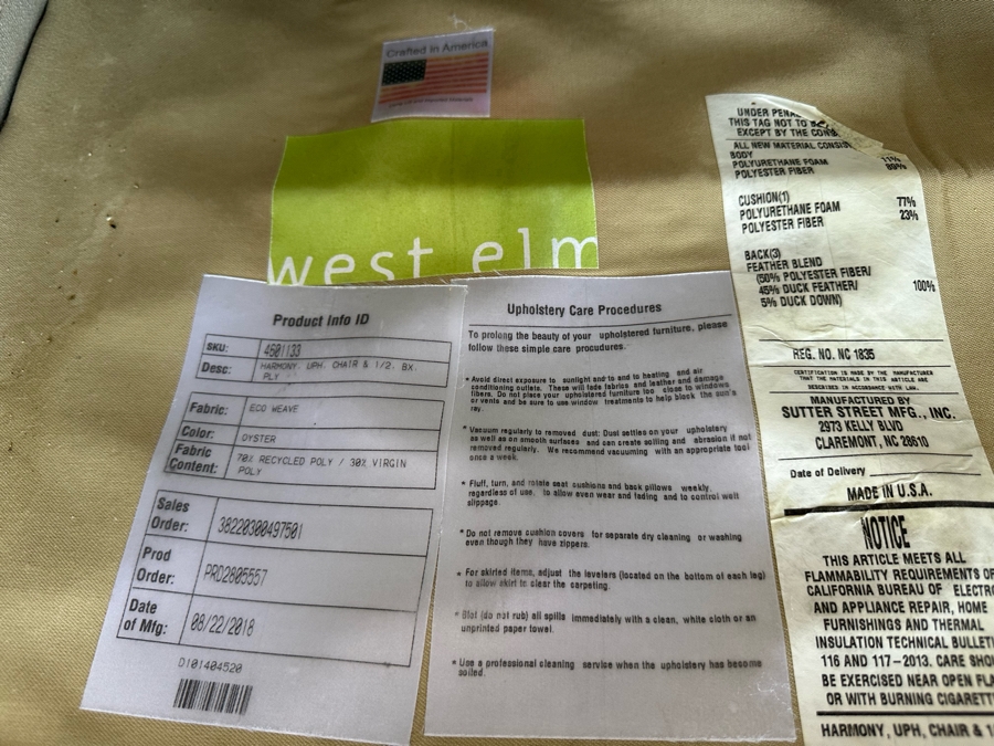 West Elm Upholstered Oversized Armchair 46'W X 41.5'D X 36'H [Photo 4]