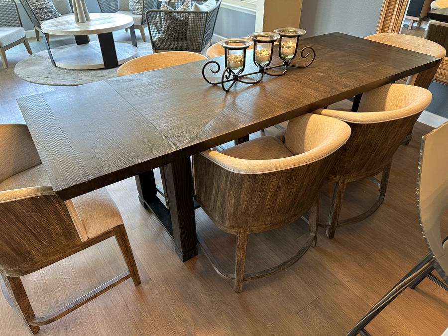 Hooker Furniture Chic Modern Dining Table 56'L X 32'W X 30.5'H With Two 16' Leaves And Six Hooker Furniture Curata Upholstered Barrel Dining Chairs Retails $7,000 [Photo 18]