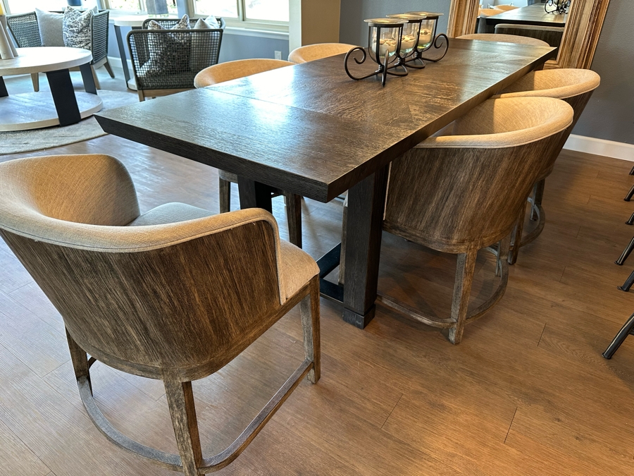 Hooker Furniture Chic Modern Dining Table 56'L X 32'W X 30.5'H With Two 16' Leaves And Six Hooker Furniture Curata Upholstered Barrel Dining Chairs Retails $7,000 [Photo 14]