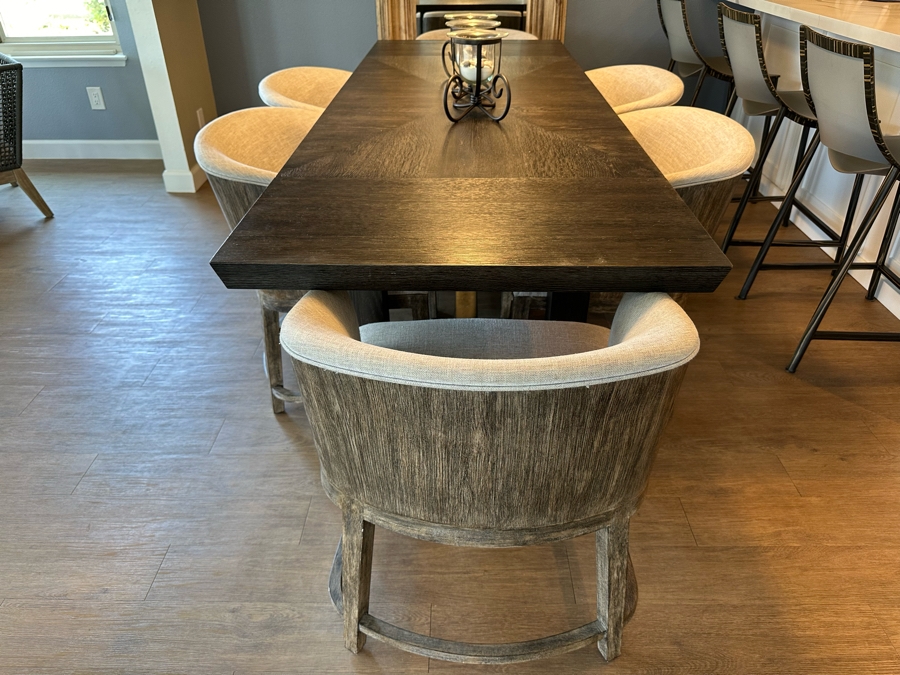 Hooker Furniture Chic Modern Dining Table 56'L X 32'W X 30.5'H With Two 16' Leaves And Six Hooker Furniture Curata Upholstered Barrel Dining Chairs Retails $7,000 [Photo 4]