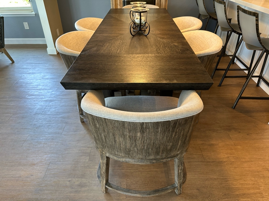Hooker Furniture Chic Modern Dining Table 56'L X 32'W X 30.5'H With Two 16' Leaves And Six Hooker Furniture Curata Upholstered Barrel Dining Chairs Retails $7,000 [Photo 5]