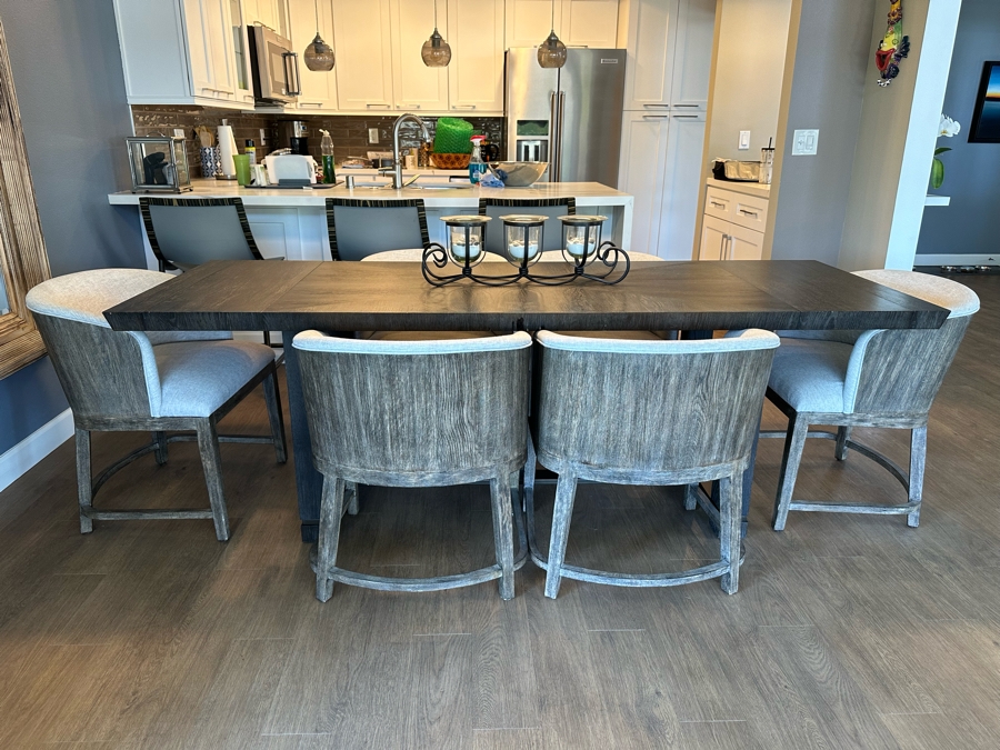 Hooker Furniture Chic Modern Dining Table 56'L X 32'W X 30.5'H With Two 16' Leaves And Six Hooker Furniture Curata Upholstered Barrel Dining Chairs Retails $7,000