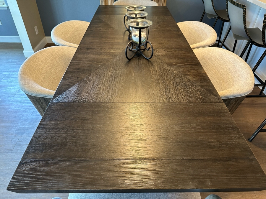 Hooker Furniture Chic Modern Dining Table 56'L X 32'W X 30.5'H With Two 16' Leaves And Six Hooker Furniture Curata Upholstered Barrel Dining Chairs Retails $7,000 [Photo 16]