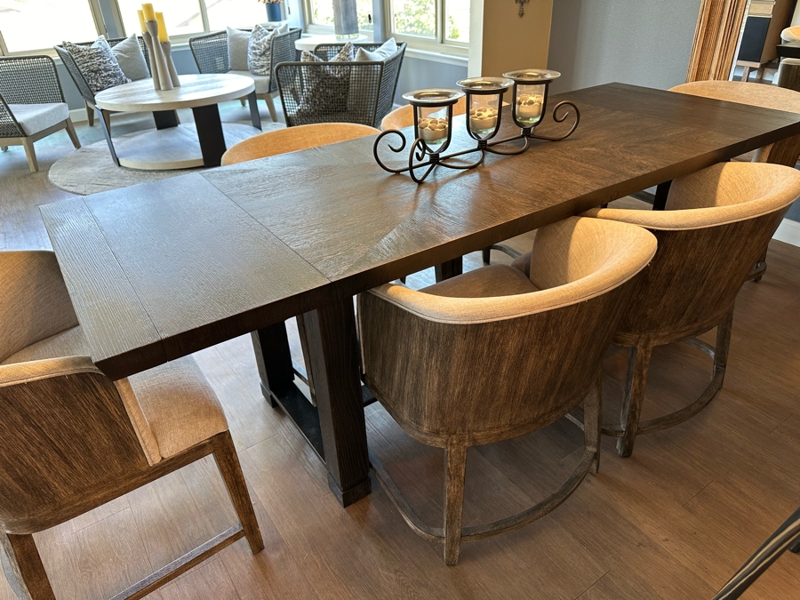 Hooker Furniture Chic Modern Dining Table 56'L X 32'W X 30.5'H With Two 16' Leaves And Six Hooker Furniture Curata Upholstered Barrel Dining Chairs Retails $7,000 [Photo 17]