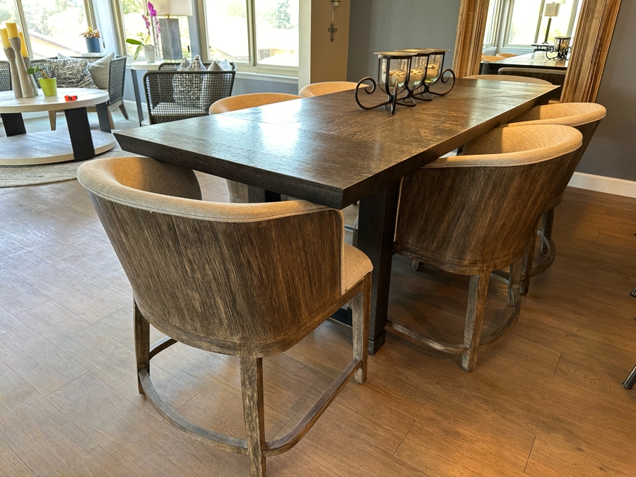 Hooker Furniture Chic Modern Dining Table 56'L X 32'W X 30.5'H With Two 16' Leaves And Six Hooker Furniture Curata Upholstered Barrel Dining Chairs Retails $7,000 [Photo 3]