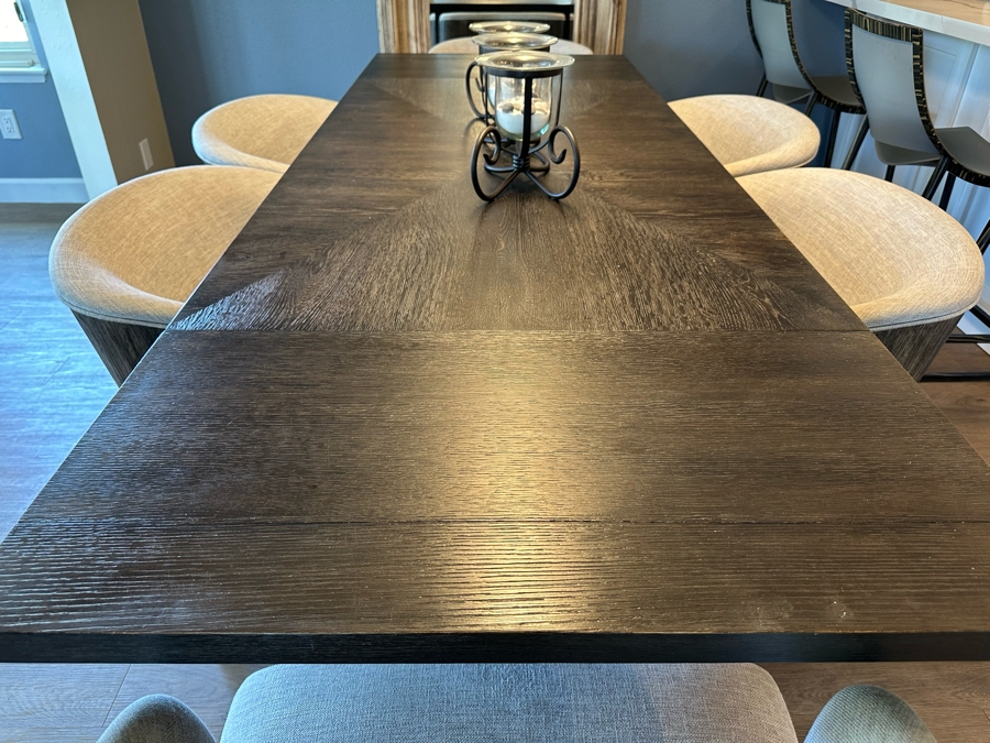 Hooker Furniture Chic Modern Dining Table 56'L X 32'W X 30.5'H With Two 16' Leaves And Six Hooker Furniture Curata Upholstered Barrel Dining Chairs Retails $7,000 [Photo 15]