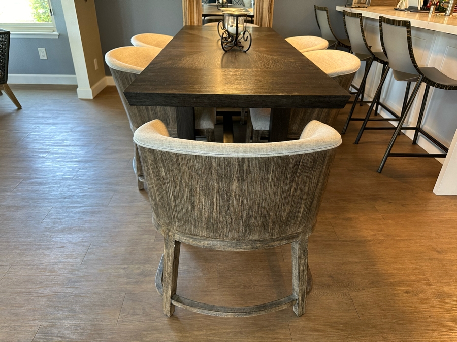 Hooker Furniture Chic Modern Dining Table 56'L X 32'W X 30.5'H With Two 16' Leaves And Six Hooker Furniture Curata Upholstered Barrel Dining Chairs Retails $7,000 [Photo 12]