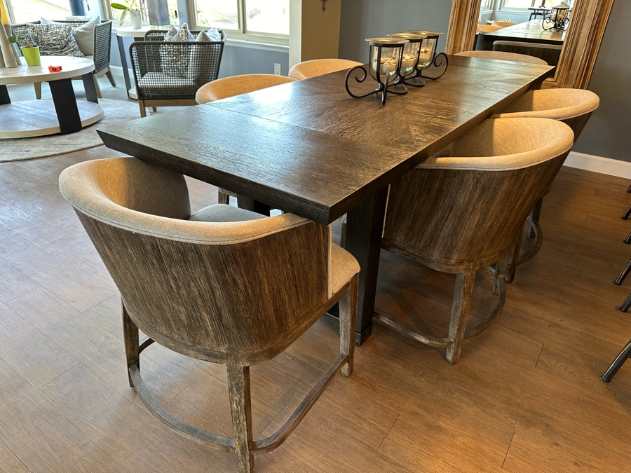 Hooker Furniture Chic Modern Dining Table 56'L X 32'W X 30.5'H With Two 16' Leaves And Six Hooker Furniture Curata Upholstered Barrel Dining Chairs Retails $7,000 [Photo 2]