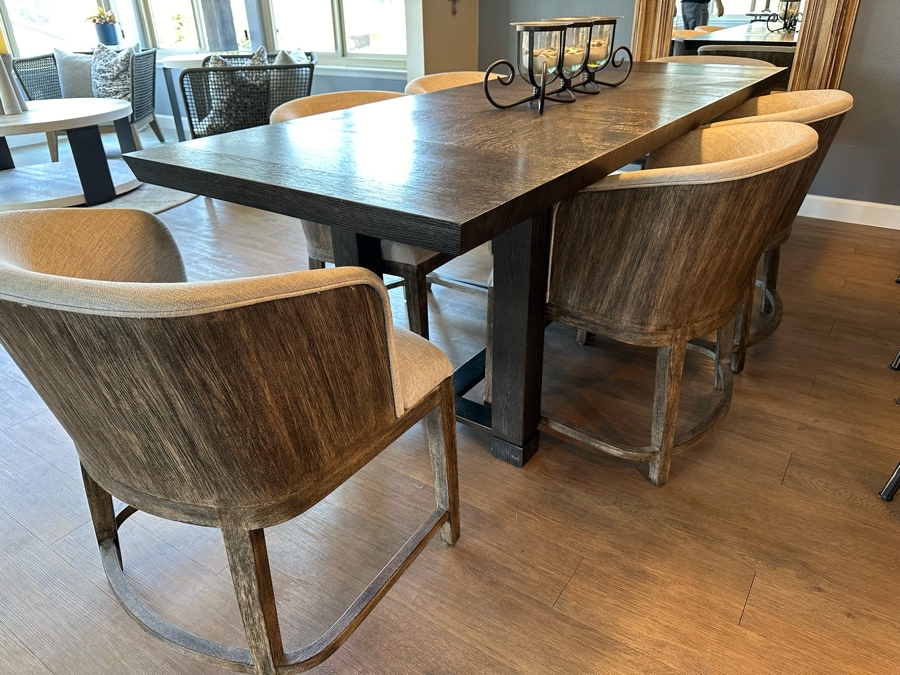 Hooker Furniture Chic Modern Dining Table 56'L X 32'W X 30.5'H With Two 16' Leaves And Six Hooker Furniture Curata Upholstered Barrel Dining Chairs Retails $7,000 [Photo 13]