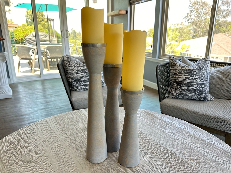 Set Of Three Wooden Modern Candle Holders 20'H [Photo 1]