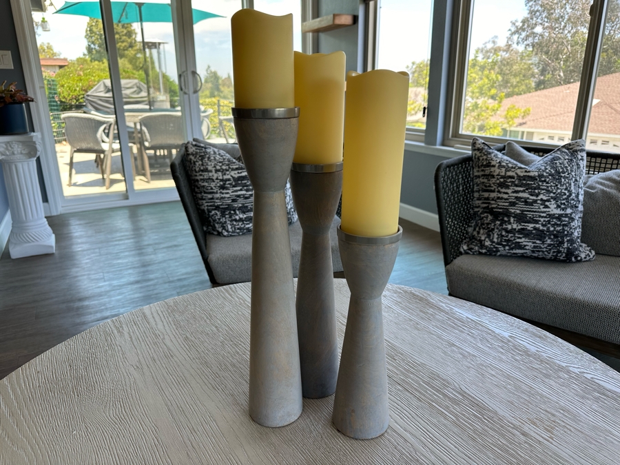 Set Of Three Wooden Modern Candle Holders 20'H [Photo 2]