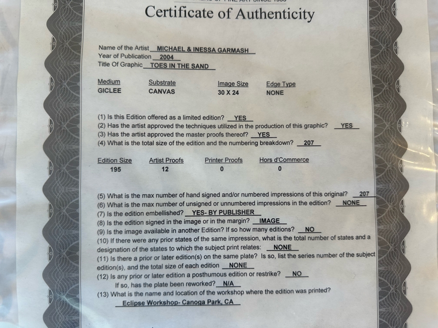 Michael & Inessa Garmash Artist Hand Signed Giclee On Canvas Titled 'Toes In The Sand' 2004 24'W X 30'H Framed  [Photo 9]