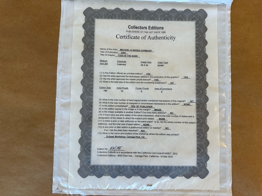 Michael & Inessa Garmash Artist Hand Signed Giclee On Canvas Titled 'Toes In The Sand' 2004 24'W X 30'H Framed  [Photo 8]