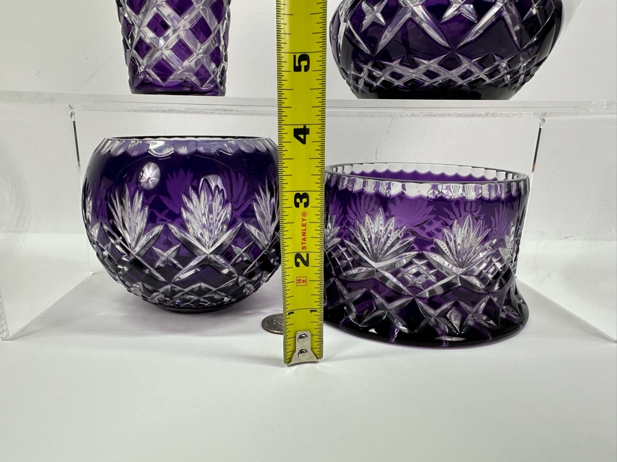 Polish Purple Cut Lead Crystal Pitcher, Vases and Bowl [Photo 8]