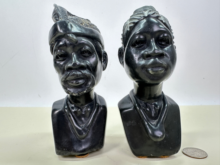 Pair Of Vintage Carved Stone African Bust Sculptures 7'H [Photo 2]