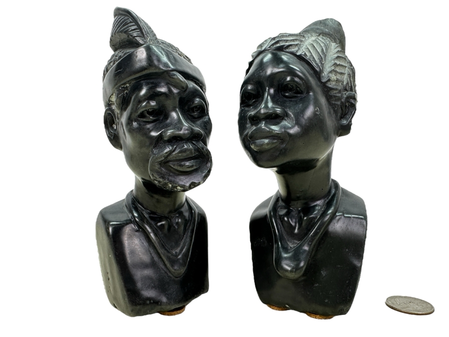 Pair Of Vintage Carved Stone African Bust Sculptures 7'H