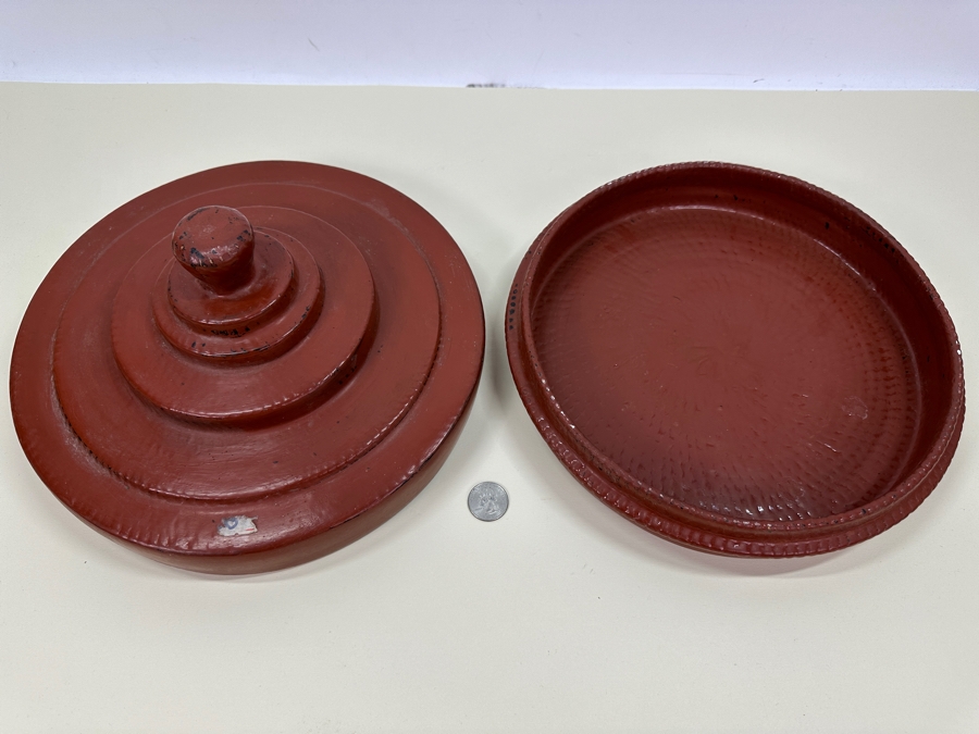 Vintage Asian Red Lacquer Round Box With Lid 12'W X 6'H Estimate $150 [Photo 2]