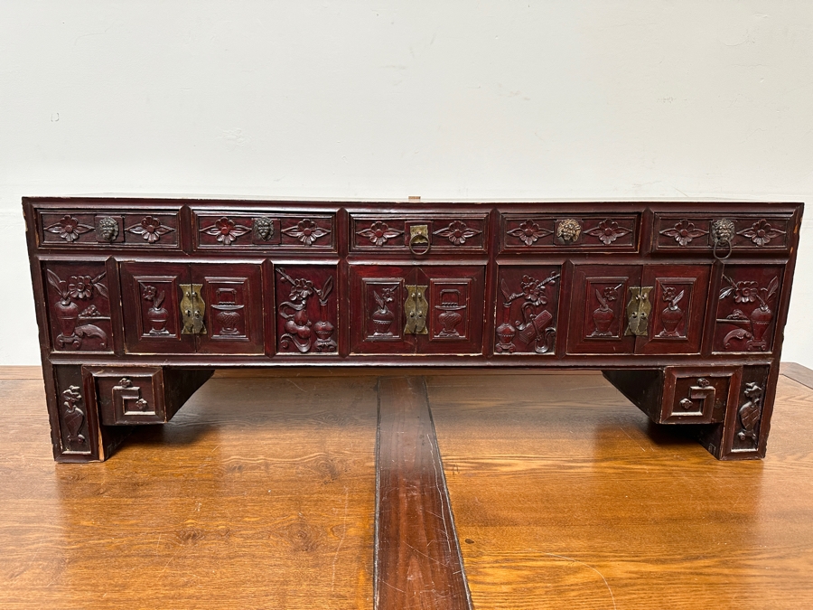 Small Vintage Chinese Carved Wooden Cabinet 44.5'W X 10.5'D X 16'H [Photo 2]